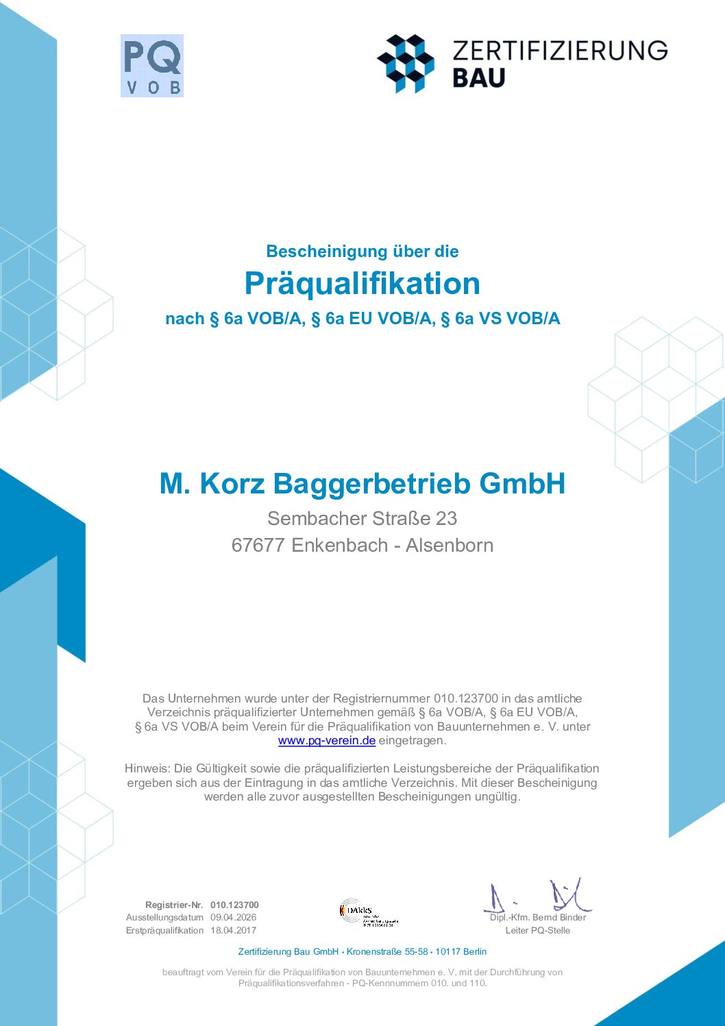 Präqualifikation Zertifizierung Bau 09.04.26